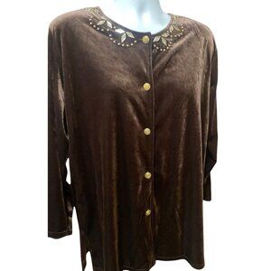 Liebe Women Velour Embellished Long Sleeve Top Size 2X Brown Glam Swiftie Soft